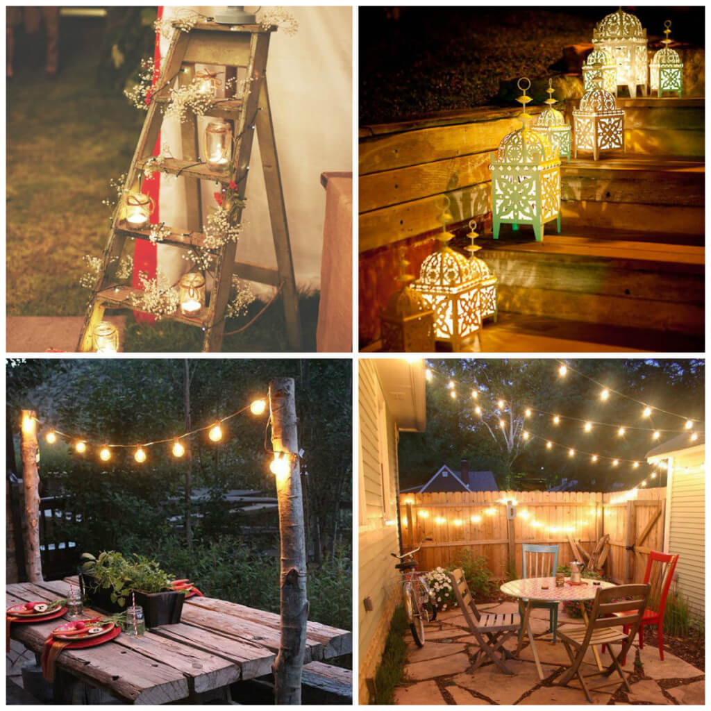 luzes no jardim com grama sintetica