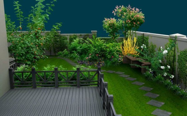 Paisagismo em jardim feito com grama sintética