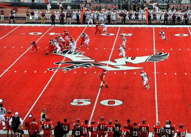 The Eastern Washington Eagles play the Montana Grizzlies in the inaugural NCAA football game on the new synthetic red turf at Roos Field in Cheney, Washington.