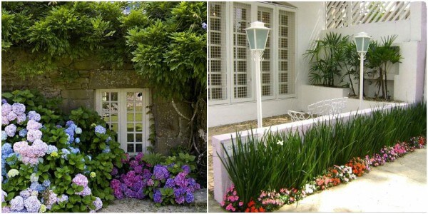 Colagem com duas imagens. Na esquerda, imagem mostrando parede de casa com jardim florido. Na direita, muro baixo com jardim de flores em sua frente.